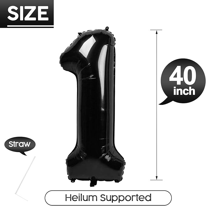 1 Balloon - Black Birthday Number Balloons, 40 Inch Large Foil Balloons for Men Women Boys Girs Black Themed Birthday Decorations