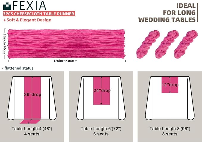 FEXIA 3 Pack Rose Red Table Runner 35x120 Inches for Baby Shower Decoration Gauze Rustic Table Runner for Wedding Party First Communion Centerpiece Engagement Bridal Shower Boho Decoration