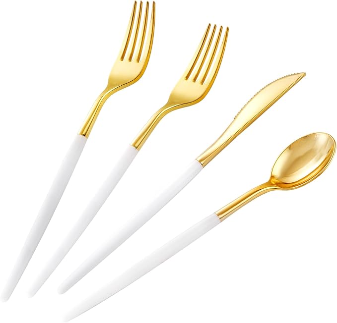 SUT Gold Plastic Silverware, 160Pcs Gold Utensils Set Disposable, 80 Gold Plastic Forks, 40 Gold Knives, 40 Gold Spoons, Gold Plastic Cutlery for Parties, Dinners, Weddings(White Gold)