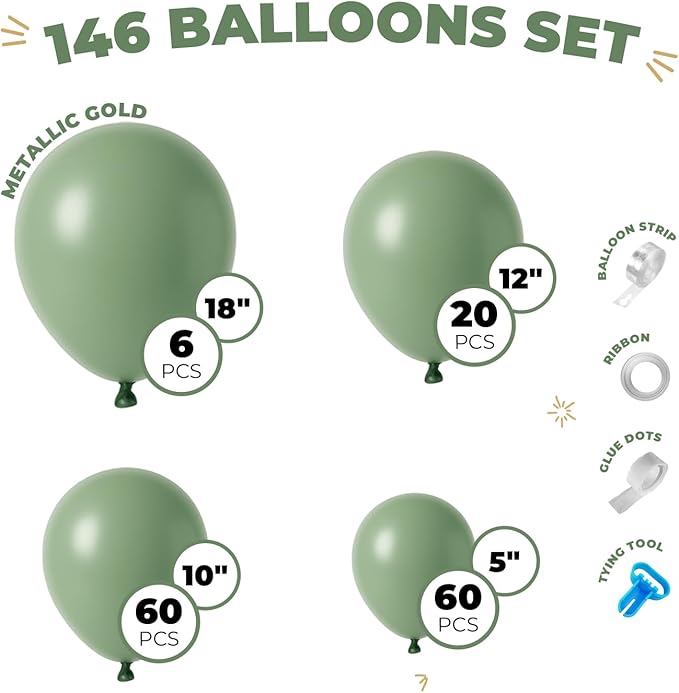 Balloon Garland Arch Kit – 146 Pcs Sage Green Balloons for Baby Shower, Birthday, Gender Reveal, Wedding Party – DIY Kit by Vellax™