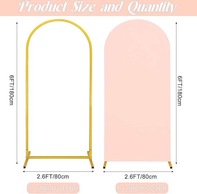 Metal Arch Stand and Cover Set,1 Light Pink Spandex Fitted Backdrop with 1 Gold Wedding Arched Stand Frame for Parties Birthday Baby Shower Bridal Banquet Decoration (6FT)