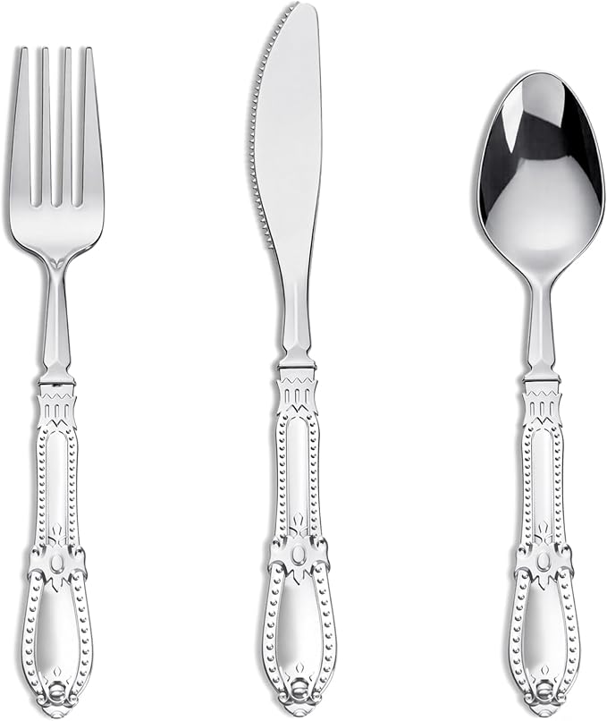 Nervure 90PCS Silver Plastic Silverware - Heavy Duty Disposable Cutlery Set, Luxury Silver Plastic Utensils include 30Pcs Forks, 30Pcs Spoons, 30pcs Knives. Perfect for Wedding, Party, Daily Use