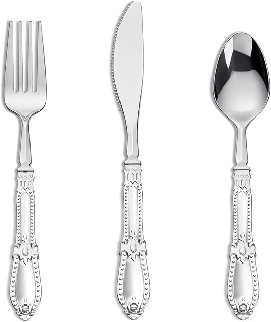 Nervure 90PCS Silver Plastic Silverware - Heavy Duty Disposable Cutlery Set, Luxury Silver Plastic Utensils include 30Pcs Forks, 30Pcs Spoons, 30pcs Knives. Perfect for Wedding, Party, Daily Use