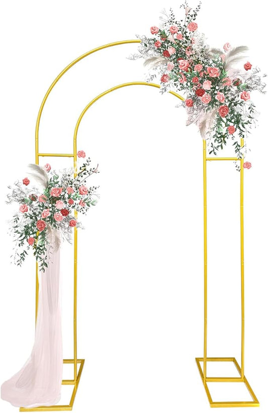 7.2FT Gold Double Arch Backdrop Stand, U-Shaped Metal Wedding Arch Frame with Open Back Design for Ceremony Baby Shower Birthday Party Garden Photo Backdrops Decorations