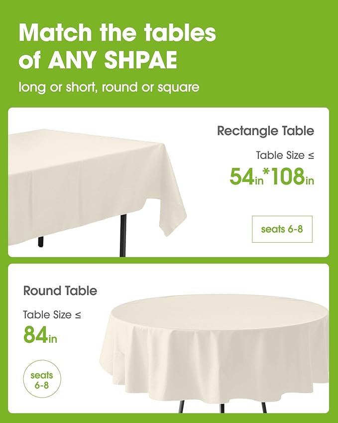 Pureegg Plastic Table Cloth Disposable 6 Pack, 54 x 108 Inch Table Cloths, Party, Wedding, Thanksgiving Decorations, Fall Tablecloths, Rectangle, Beige Plastic Cover, Waterproof, Cream, Ivory
