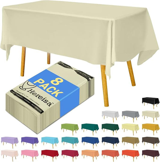 8-Count Ivory Disposable Plastic Tablecloths Rectangle 54x108 Inch - Extra Long Waterproof Banquet Table Covers for Parties & Catering