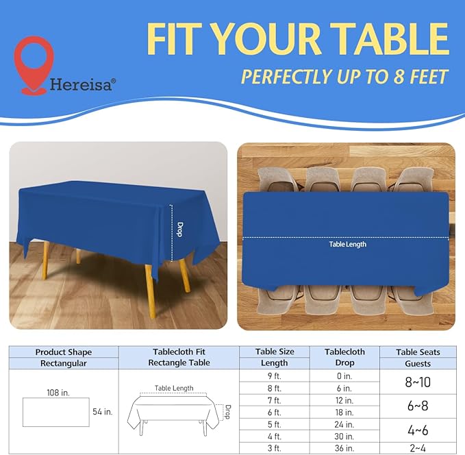 8-Count Royal Blue Disposable Plastic Tablecloths Rectangle 54x108 Inch - Extra Long Waterproof Banquet Table Covers for Parties & Catering