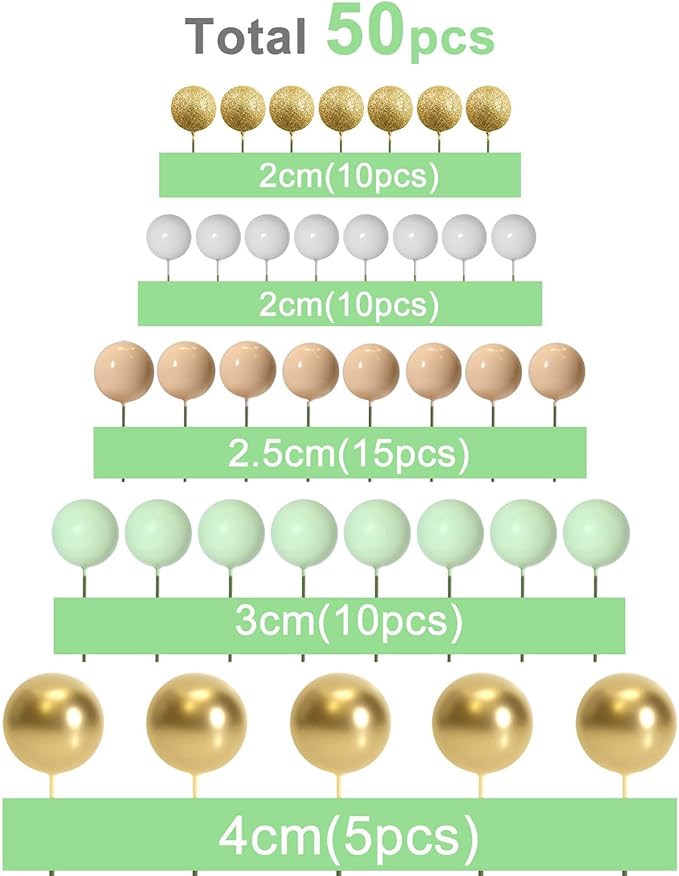 ASTARON 50 Pcs Ball Cake Topper Sticks Mini Balloons for Cake Decorating Supplies Foam Balls Cake decorations for Baby Shower Cake Birthday Cake Toppers Decorations (Light Brown，Green)