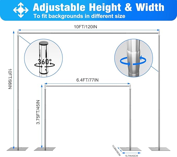 Pipe and Drape Backdrop Stand Kit Backdrop Stand For Parties 10ftx10ft Adjustable Photo Backdrop Stand Heavy Duty Background Stand for Wedding Banquet Decorations Silvery