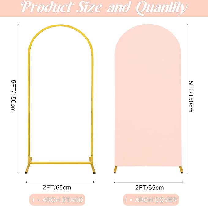 Metal Arch Stand and Cover Set,1 Light Pink Spandex Fitted Backdrop with 1 Gold Wedding Arched Stand Frame for Parties Birthday Baby Shower Bridal Banquet Decoration (5FT)