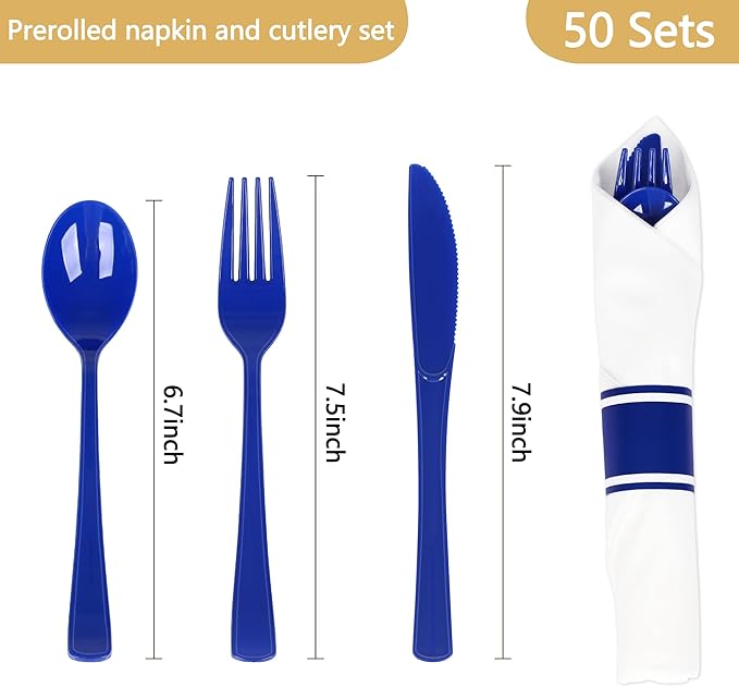 50 Pack Pre Rolled Blue Plastic Silverware Set,Wrapped Plastic Cutlery Set with Napkin Include 50 Forks,50 Spoons,50 Knives and 50 White Napkins for Party,Wedding,Christmas