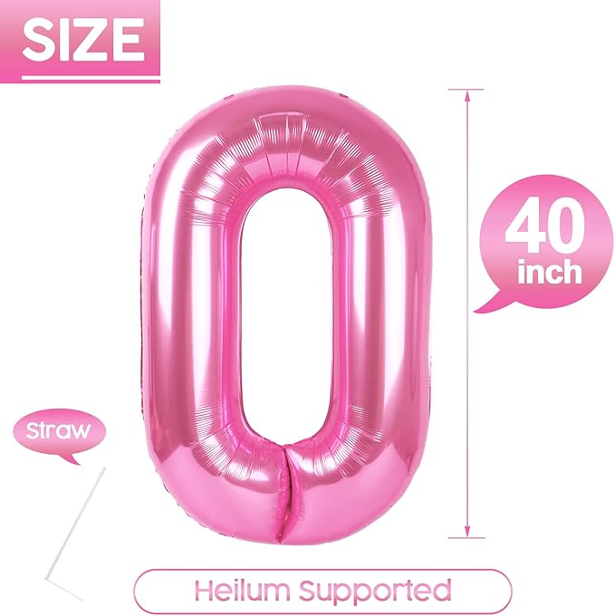 0 Balloon - Pink Birthday Number Balloons, 40 Inch Large Foil Balloons for Men Women Boys Girls Pink Themed Birthday Decorations