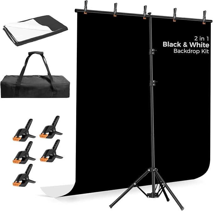 EMART Photo Backdrop with Stand Kit 6.5x5ft, Photography Black and White 2-in-1 Revisible Background Screen with Portable T-Shape Support and 5 Clamps for Video Recording Meeting Self Tape