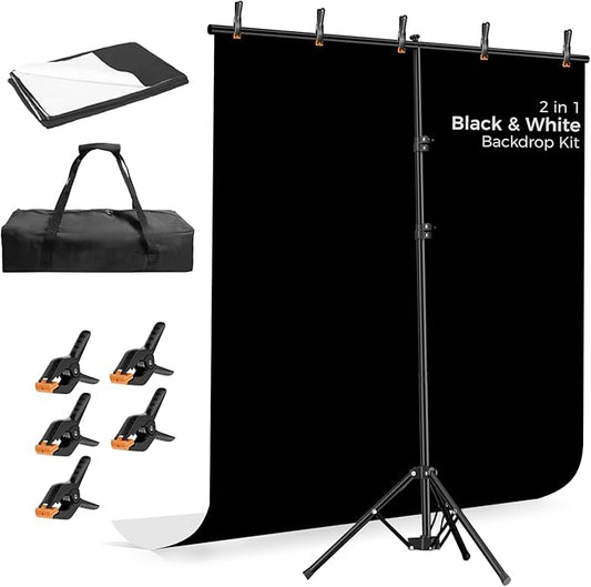 EMART Photo Backdrop with Stand Kit 6.5x5ft, Photography Black and White 2-in-1 Revisible Background Screen with Portable T-Shape Support and 5 Clamps for Video Recording Meeting Self Tape