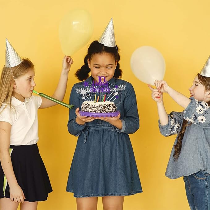 Glittery 10th Happy Birthday Cake Topper with Star,Personalised 10 Birthday Cake Toppers Party Decorations Party Supplies for Boys Girls Purple Silver