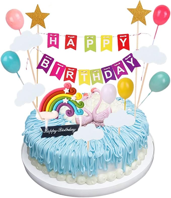 MEMOVAN Rainbow Cake Topper 15pcs Happy Birthday Cake Flag Banner, Colorful Rainbow Clouds Balloon Ball Cake Cupcake Topper Colorful Rainbows Cake Decoration for Boys Girls Birthday Baby Shower Party
