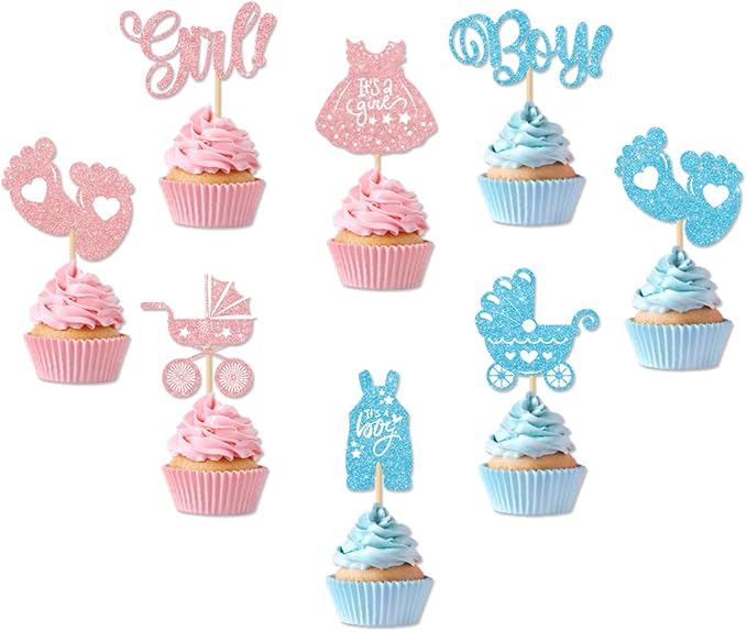 Cyuan 36PCS Gender Reveal Cupcake Toppers – Pink & Blue Glitter Baby Shower Decorations with Bottles, Bows, Bodysuits, Pants, Dresses & Baby Feet for Boy or Girl Party