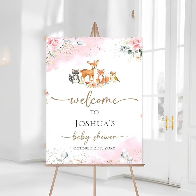 Baby Shower Sign, Woodland Animal, Welcome Baby Shower, 12x18, 18x27, 24x36 inches, Plastic, Rustic