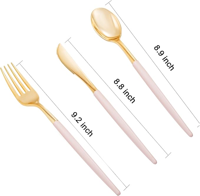 I00000 300 Pack Gold Silverware with Pink Handle, Pink Plastic Utensils Set, Disposable Cutlery include100 Forks, 100 Knives, 100 Spoons,Plastic Cutlery Set for Wedding & Party
