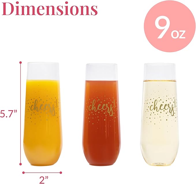 Prestee 24 Pack Stemless Plastic Champagne Flutes - 9 Oz Disposable Cheers Toast Cups for New Years Eve - Shatterproof Drinkware for Cocktails, and Mimosa Bar Supplies