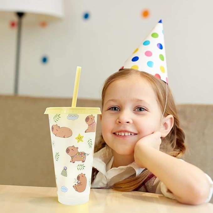 12 Pcs Capybara Birthday Decorations Plastic Cups with Lid and Straw 24 oz Capybara Cups for Party Favors Baby Shower Supplies