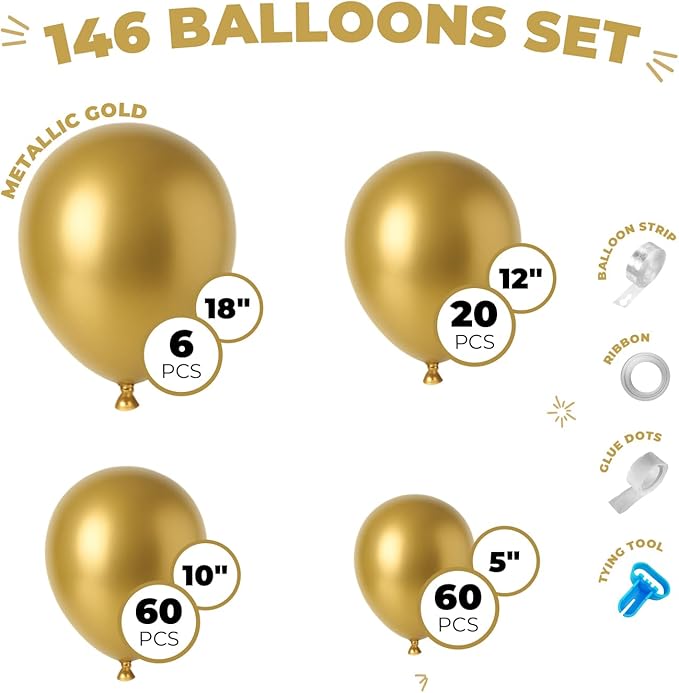 Balloon Garland Arch Kit – 146 Pcs Metallic Gold Balloons for Baby Shower, Birthday, Gender Reveal, Wedding Party – DIY Kit by Vellax™