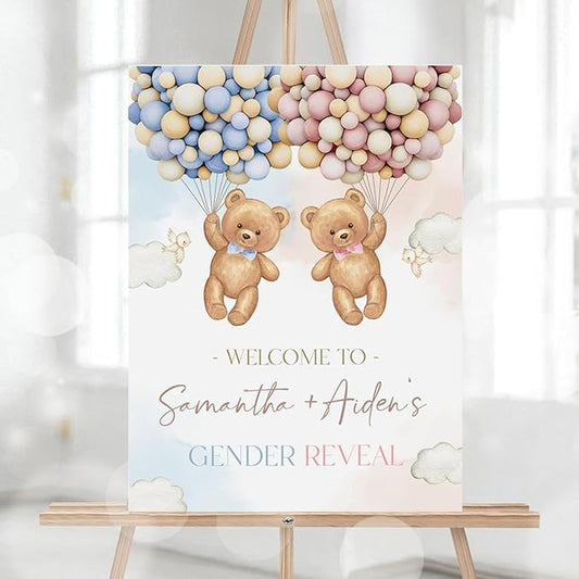Teddy Bears Gender Reveal Welcome Sign, He Or She, Boho Watercolor Bear with Balloons, Boho Bearly Wait Cute Decor Sign #9