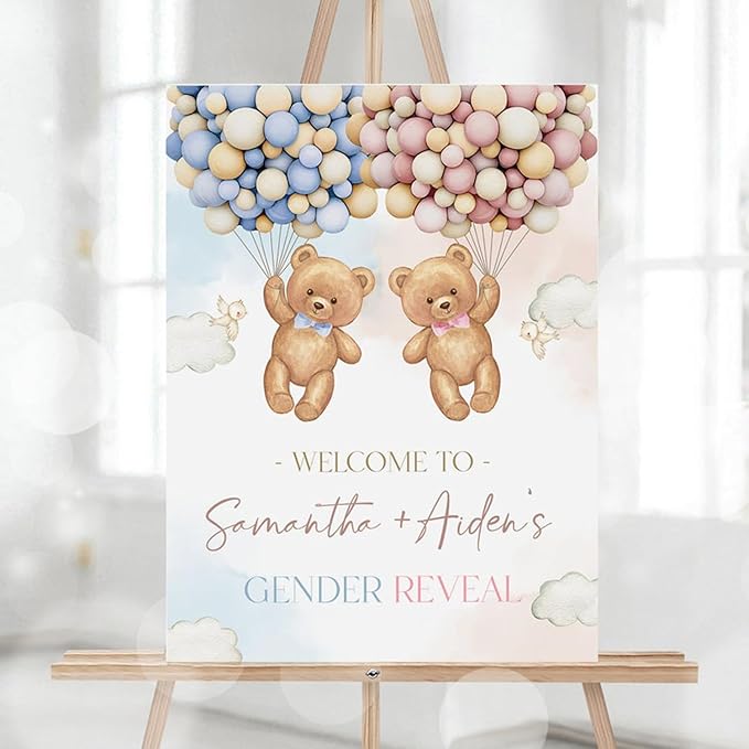 Teddy Bears Gender Reveal Welcome Sign, He Or She, Boho Watercolor Bear with Balloons, Boho Bearly Wait Cute Decor Sign #9
