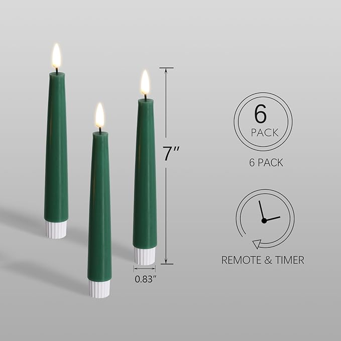 Eywamage Short Green Flameless Taper Candles with Remote, Flickering Christmas Battery LED Wax Candlesticks Set of 6