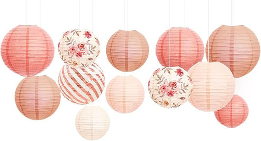 NICROLANDEE Wedding Party Decorations - 12PCS Rose Gold Vintage Floral Paper Lantern Hanging Decorations for Bridal Shower Anniversary Baby Shower Bachelorette Birthday, Valentines Day Party Decor