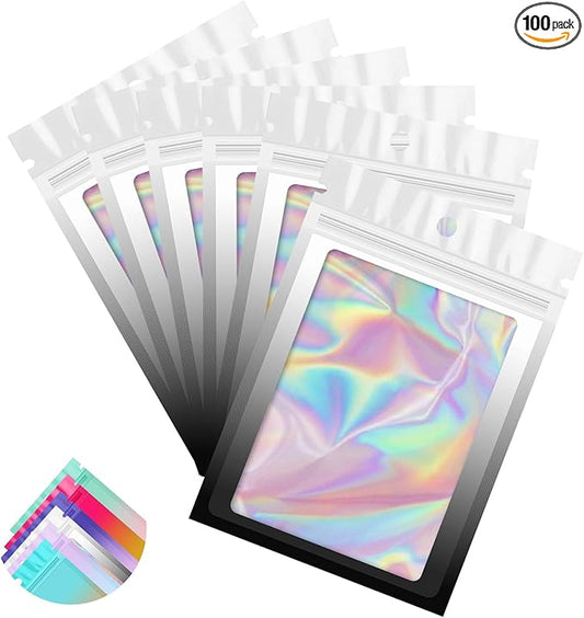 Funfery 100 Pack Gradient Holographic Bags,Resealable Bags with Zipper,Clear Window Packaging Pouchs,Foil Bag for Food Storage,Small Business,Sample Jewelry Bag(6.3×9.4In,White Black)