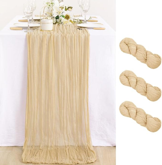MLMC 3 Pack Champagne Cheesecloth Table Runner 10ft Sand Rustic Gauze Cheese Cloth Table Runner 35x120 Inches for Farmhouse Cozy Holiday Outdoor Events Home Decor