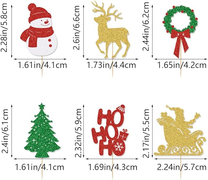 24Pcs Merry Christmas Cupcake Toppers Glitter Christmas Tree Santa Snowman Deer Garland Hohoho Cupcake Picks for Xmas Holiday