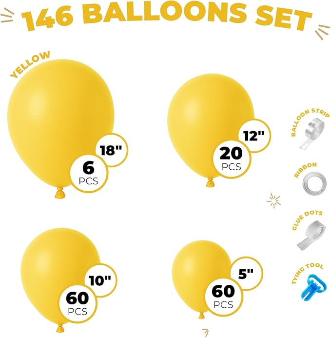 Balloon Garland Arch Kit – 146 Pcs Yellow Balloons for Baby Shower, Birthday, Gender Reveal, Wedding Party – DIY Kit by Vellax™