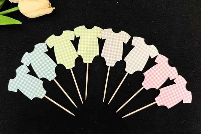 ALISSAR 36 Pcs Blue Pink & Sage Green Gingham Cupcake Toppers - Baby Shower Decorations for Boys Girls & Gender Neutral, Bodysuit & Cake Toppers Set, Diaper Cake Decor, Gender Reveal Party Supplies