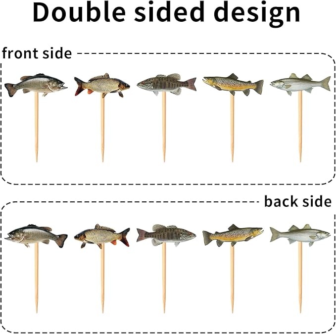 30 pcs Double-Sided Fish Cupcake Toppers Go Fishing Theme Decorations Baby Shower Happy Birthday Party Tropical Party Cake freshwater fish Decoration Supplies