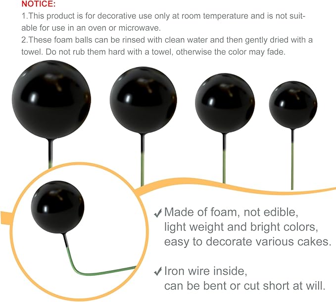 NEBURORA 64 Pcs Balls Cake Toppers and Leaves Decoration Set Mini Balloons for Cake Decorating Supplies Balls Cake decorations for Baby Shower Cake Toppers Birthday Cake Decorations (Black Gold）