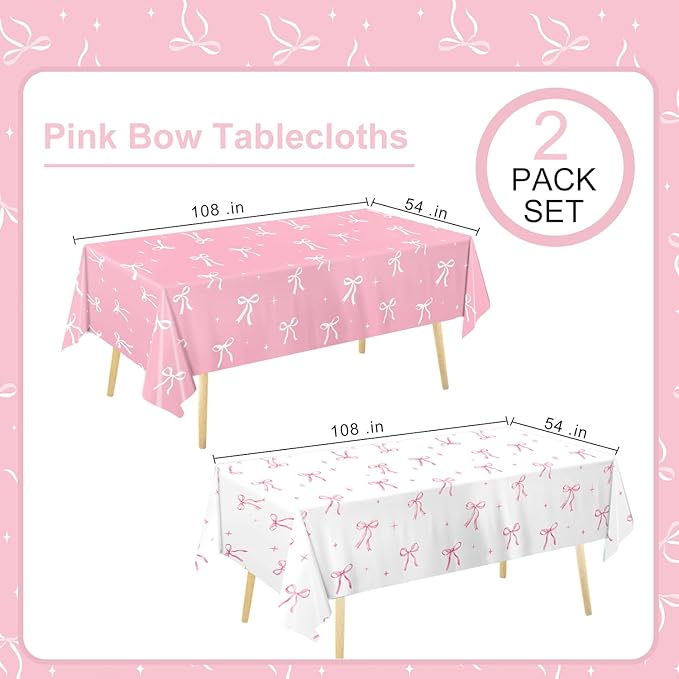 Oigco 2 Pcs Pink Bow Tablecloth, Coquette Birthday Decorations, Bow Plastic Table Cover for Girls Bridal Wedding Pink Bow Birthday Decorations, 54x108 Inch