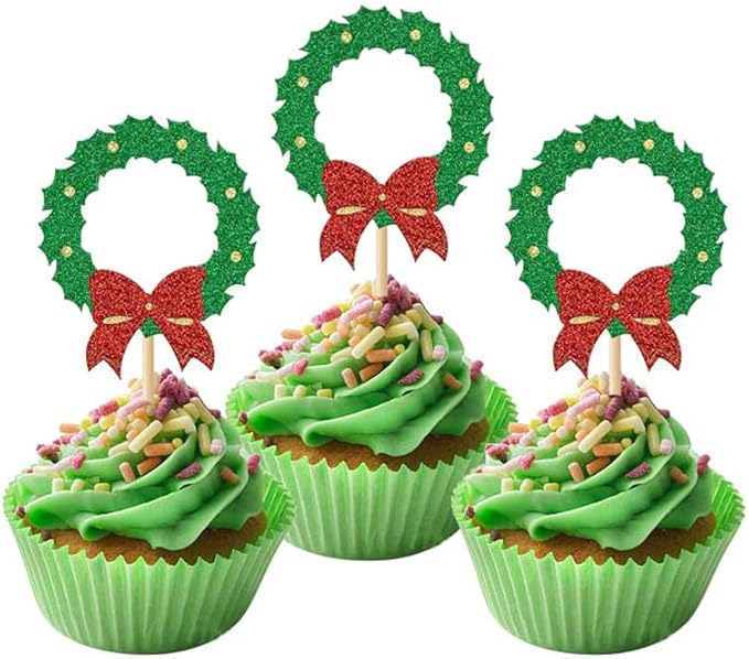 24Pcs Christmas Wreath Cupcake Toppers Glitter Red Green Christmas Garland Cupcake Picks for New Year Baby Shower Birthday Party Decoration