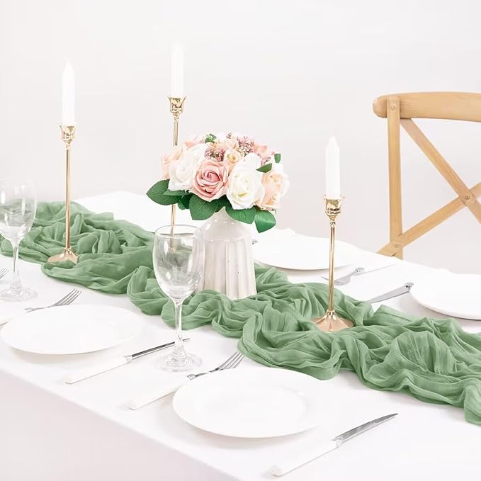 MLMC 3 Pack Sage Green Table Runner 10ft Rustic Boho Cheesecloth Table Runner Cheese Cloth Centerpiece Winter Decor 35x120 Inches for Wedding Bridal Baby Shower Decor