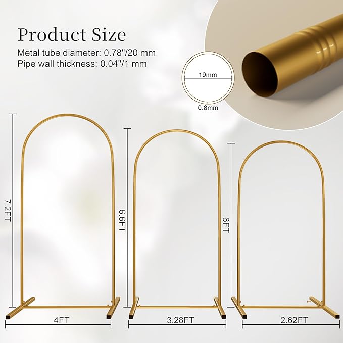Metal Arch Backdrop Stand Set of 3, Heavy-Duty Balloons Arch Frame for Wedding Ceremony, Party, Baby Shower, Birthday Decorations (Gold, 7.2ft+6.6ft+6ft)