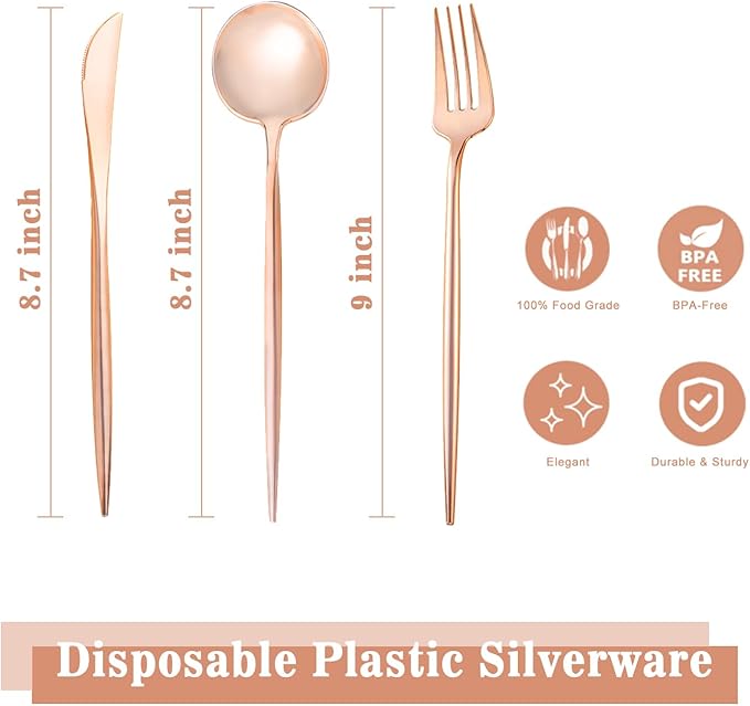 150PCS Rose Gold Plastic Silverware,Heavy Duty Disposable Utensils Include 50 Forks,50 Spoons and 50 Knives,Pink Cutlery Plastic Silverware Sets for Party, Birthday,Wedding
