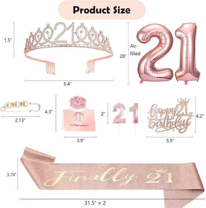 21st Birthday Gifts Decorations for Her, Including 21st Cake Toppers, Birthday Queen Sash with Pearl Pin, Sweet Rhinestone Tiara Crown, Number Candles and Balloons Set, Rose Gold