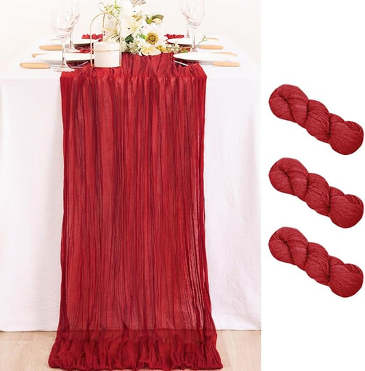 MLMC 3 Pack Red Table Runner Boho Rustic Gauze Cheesecloth Table Runner Cheese Cloth Centerpiece Decor 35x120 Inches for Wedding Winter Reception Christmas Valentine's Day Decor