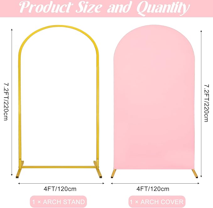 Metal Arch Stand and Cover Set,1 Pink Spandex Fitted Backdrop with 1 Gold Wedding Arched Stand Frame for Parties Birthday Baby Shower Bridal Banquet Decoration (7.2FT)