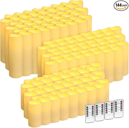 144-Pack LED Flameless Flickering Candles with Remote Control and 2/4/6/8 H Timer Led Pillar Candles of Wedding, Table, Halloween,Christmas Decorations and Special Occasions (Three Sizes)