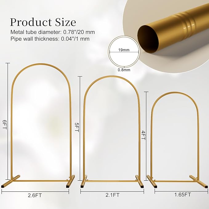 Metal Arch Backdrop Stand Set of 3, Heavy-Duty Balloons Arch Frame for Wedding Ceremony, Party, Baby Shower, Birthday Decorations (Gold, 4ft+5ft+6ft)