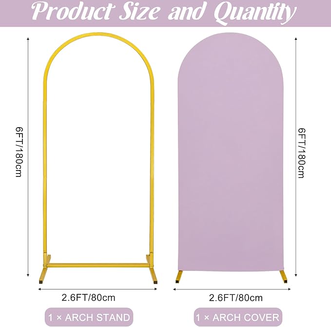 Metal Arch Stand and Cover Set,1 Light Purple Spandex Fitted Backdrop with 1 Gold Wedding Arched Stand Frame for Parties Birthday Baby Shower Bridal Banquet Decoration (6FT)