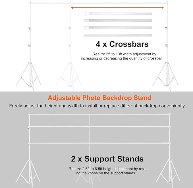 iMounTEK Backdrop Stand Photo Video Studio, 10Ft Wide Adjustable Backdrop Stand, Background Support System Kit with Clamps Carry Bag for Photography/Wedding/Party Decoration(White)