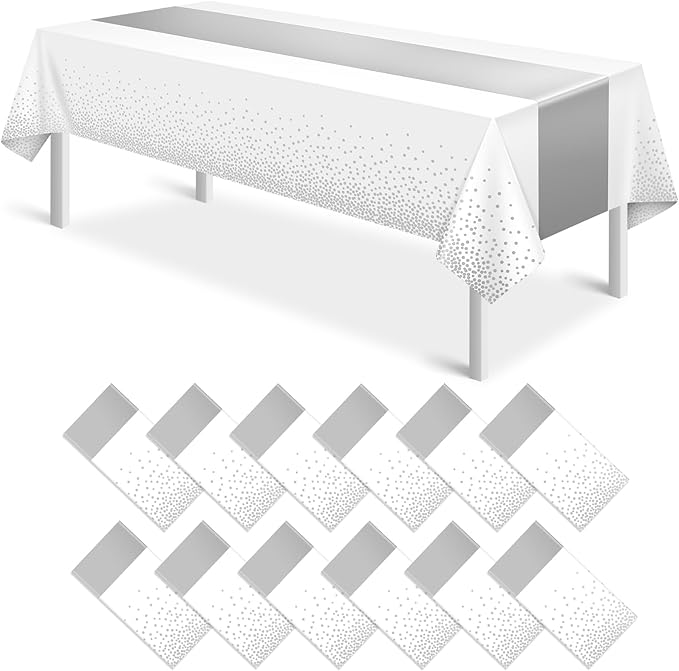 MASHAN 12Pcs White Silver Tablecloth Party Decorations,Plastic White Table Cloth Printed Silver Runner Disposable Rectangle Table Cover for Birthday Wedding Anniversary Graduation Party,54 x108 Inch